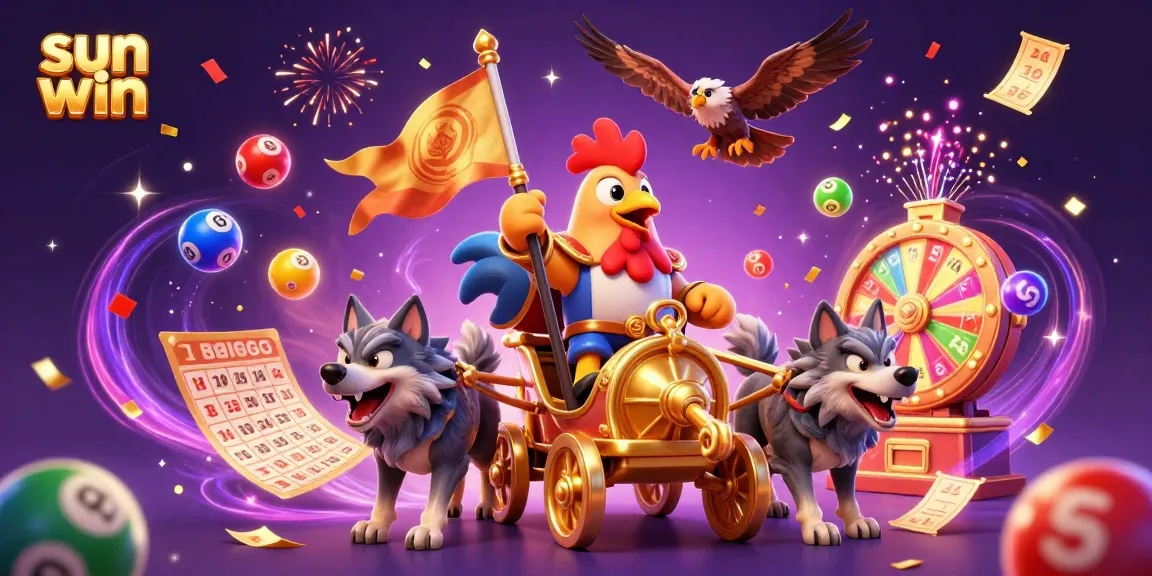 Experience the excitement of sun win as the rooster warlord leads a vibrant lottery scene.