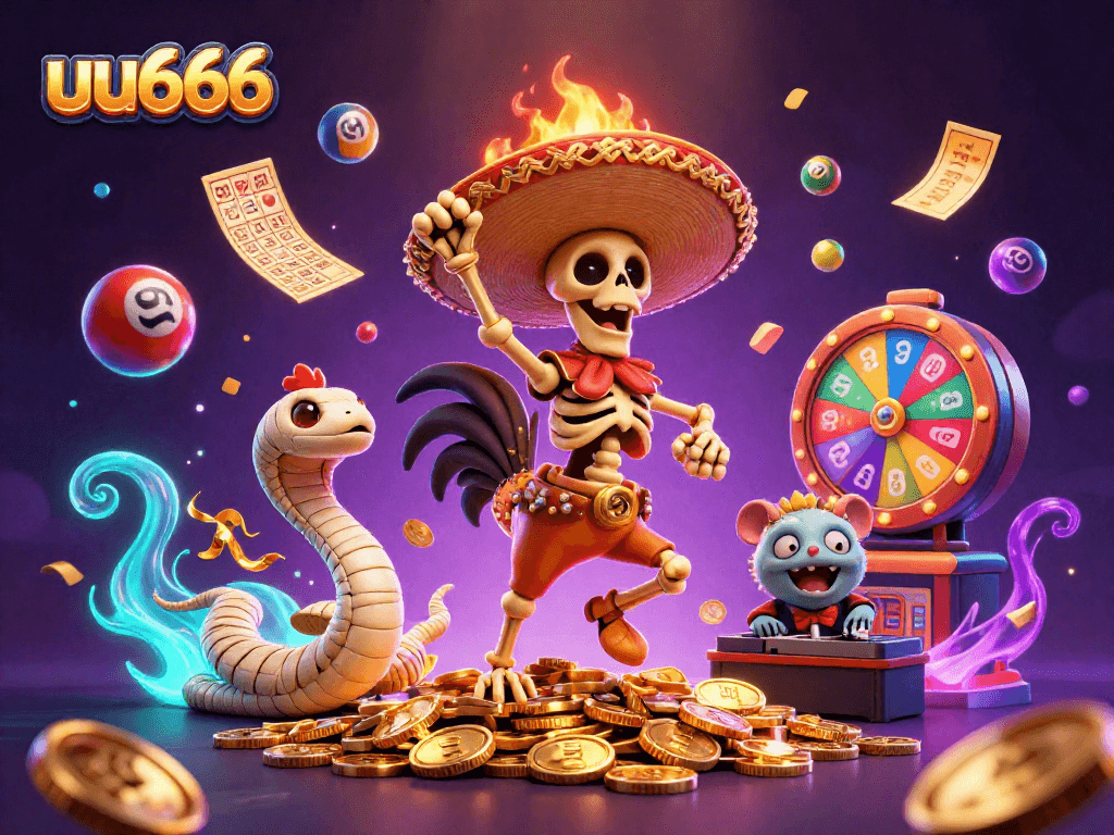 uu666 gaming celebration illustration with a cartoon rooster and lively game elements