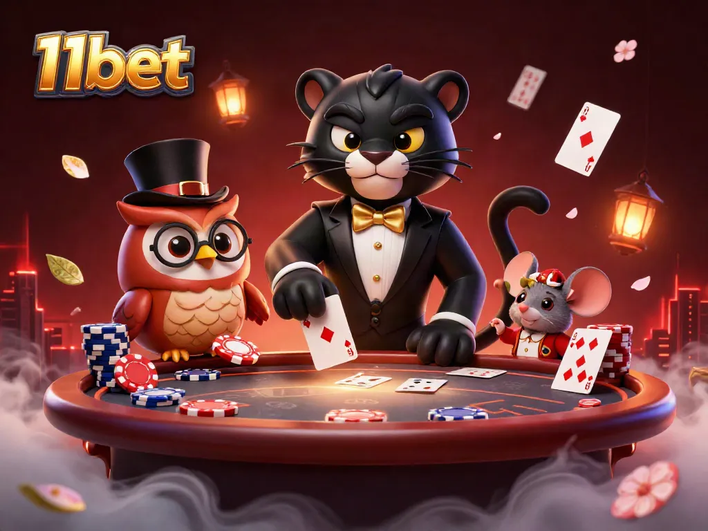 Experience thrilling action at 11bet with a stylish panther dealer surrounded by vibrant casino elements.