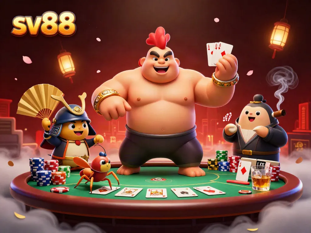 Engage with sv88 at the lively poker table featuring vibrant 3D characters and dynamic casino elements.
