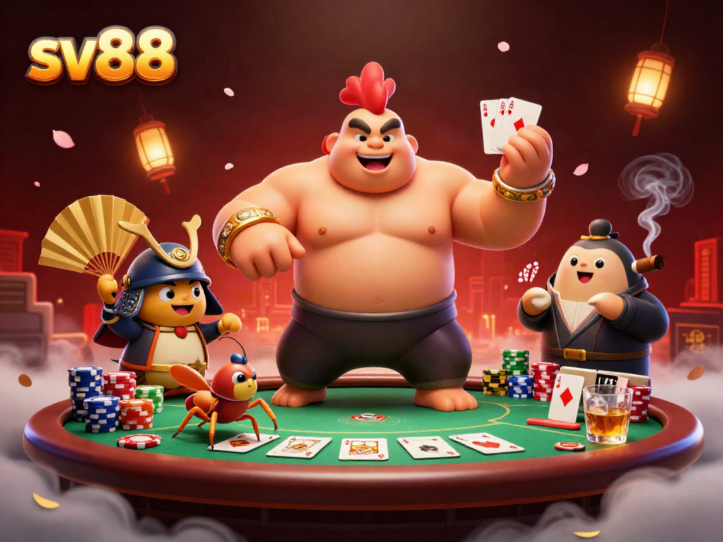 Engage with sv88 at the lively poker table featuring vibrant 3D characters and dynamic casino elements.