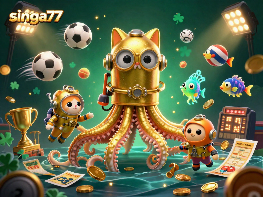 Singa77 showcases a unique blend of casino elements with a colossal kraken and vintage diving cat.