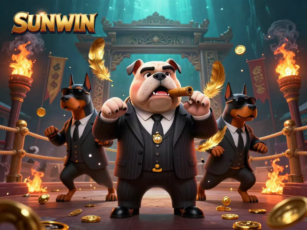 SUNWIN casino scene with a mafia bulldog and Doberman bodyguards in a vibrant gambling arena.