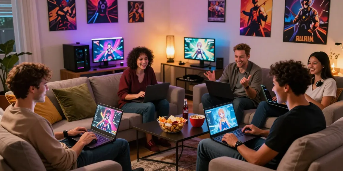 Group enjoying immersive hentai games in a cozy living room setting with warm lighting and gaming graphics.