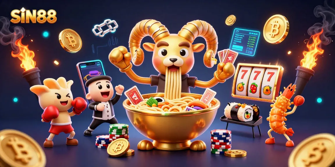 SIN88 showcases a vibrant 3D casino scene with animated characters and crypto elements, highlighting key gaming features.