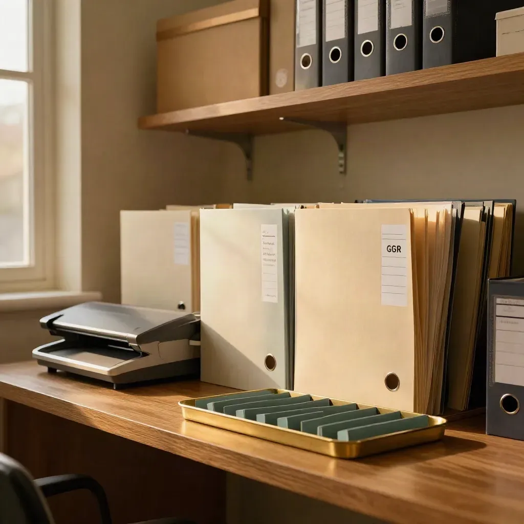 Back-office desk with audit folders, scanner, archive boxes and shelves in warm dusk light