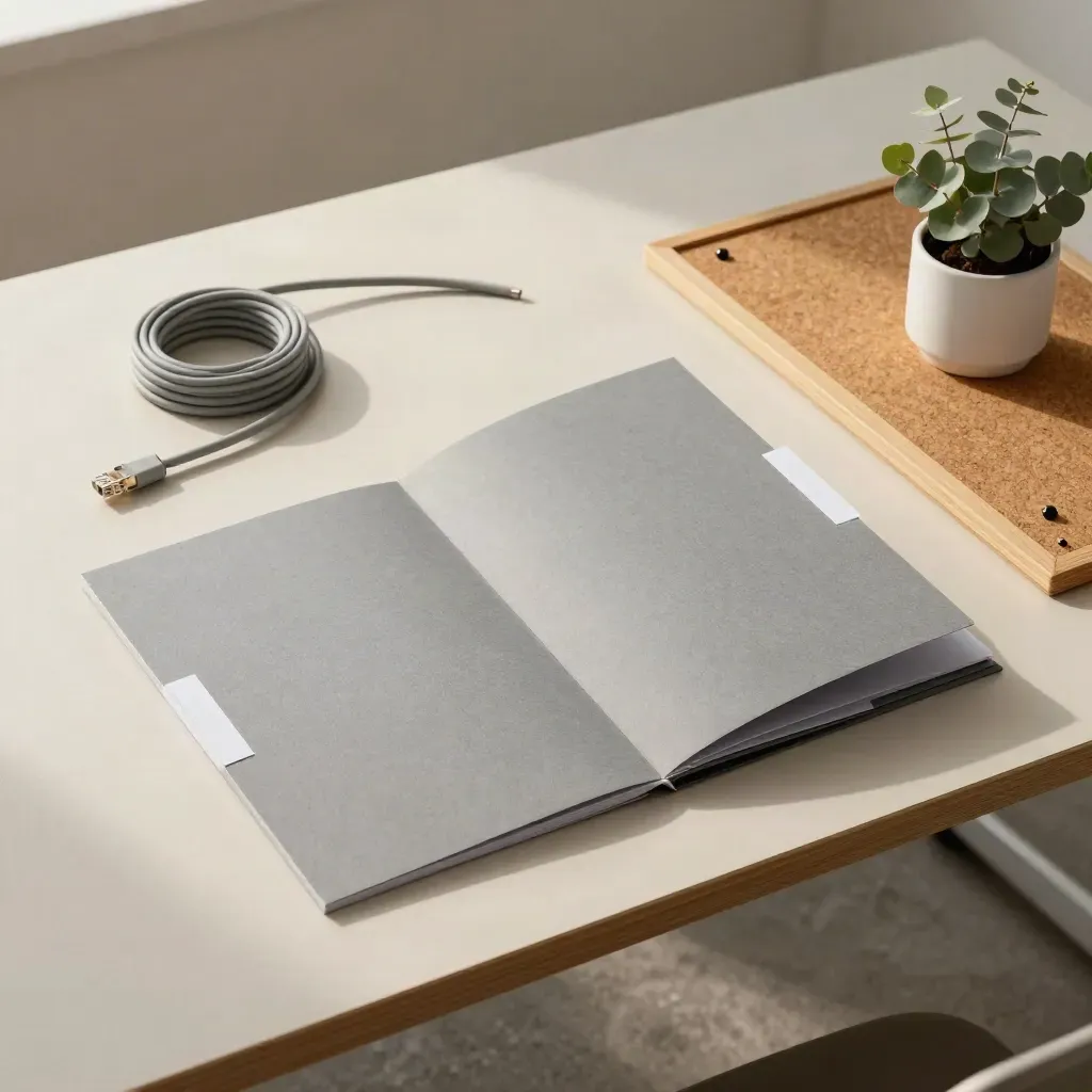 Overhead office data-mapping table with folders, cork board, cable coils and a small plant.