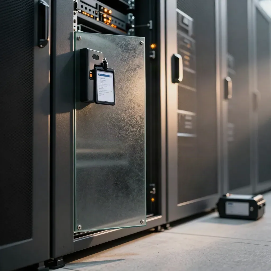 Open server cupboard with badge reader, frosted glass and glowing rack lights