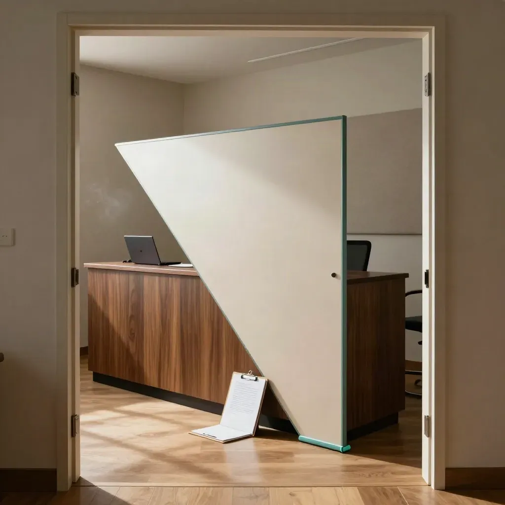 New consultation room intake station with divider, closed laptop, and face-down clipboard