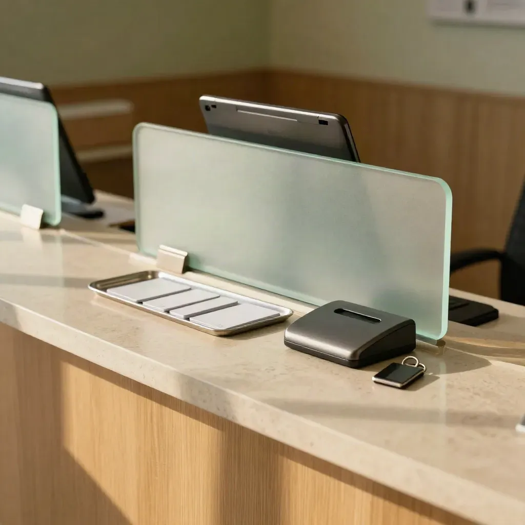 Reception counter with turned tablet dock, privacy screen, and access cards in late morning light.