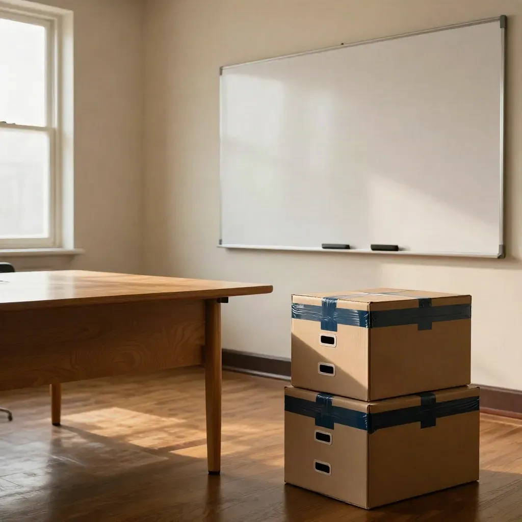 Meeting room with blank whiteboard, side tables, sealed file boxes, and warm window light.