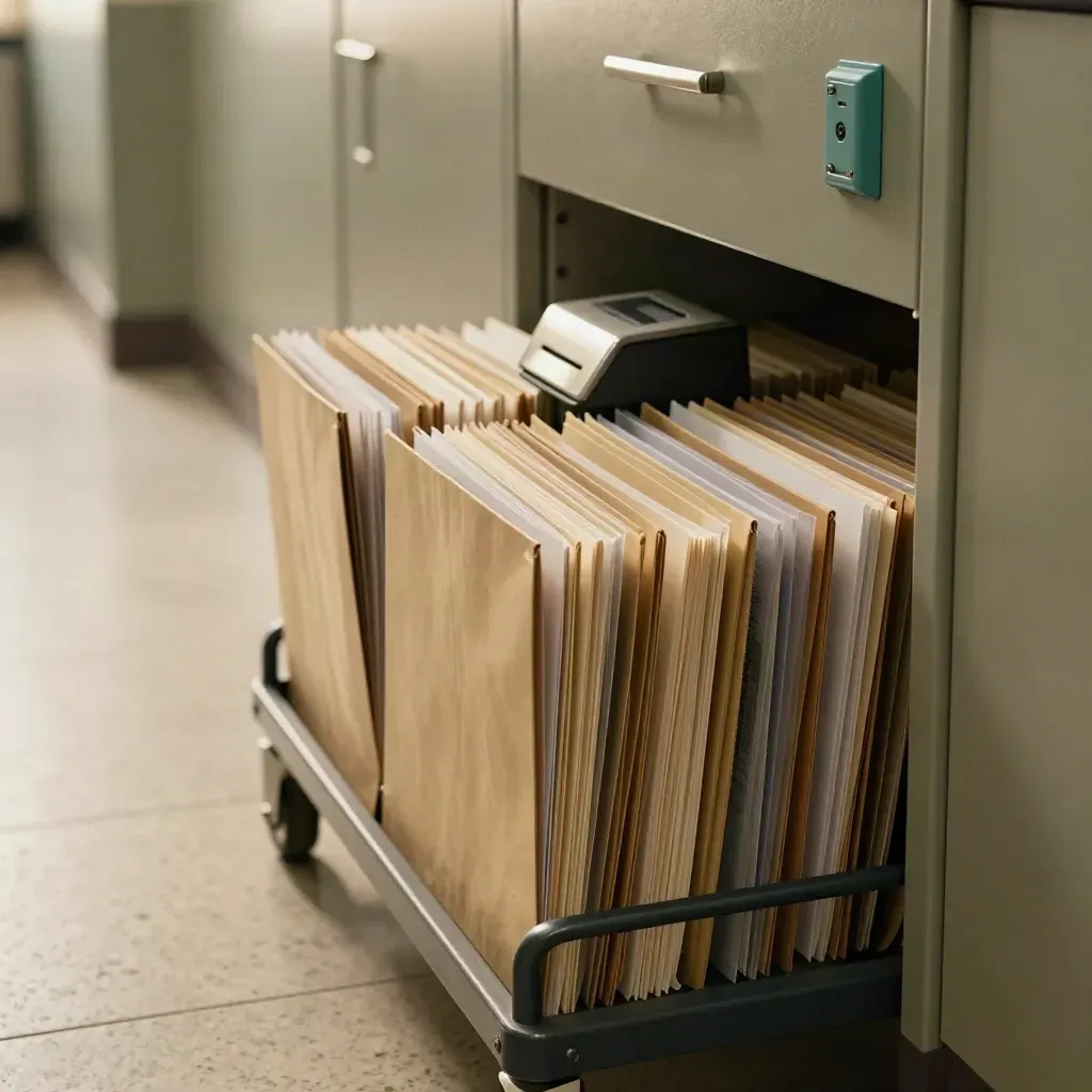 Hallway records cart with open folders and scanner beside a locked cabinet in warm light.