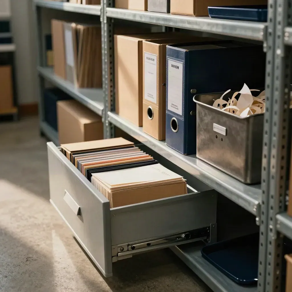 Archive shelves with keep-review-delete boxes, open drawer, and shred bin in soft daylight.