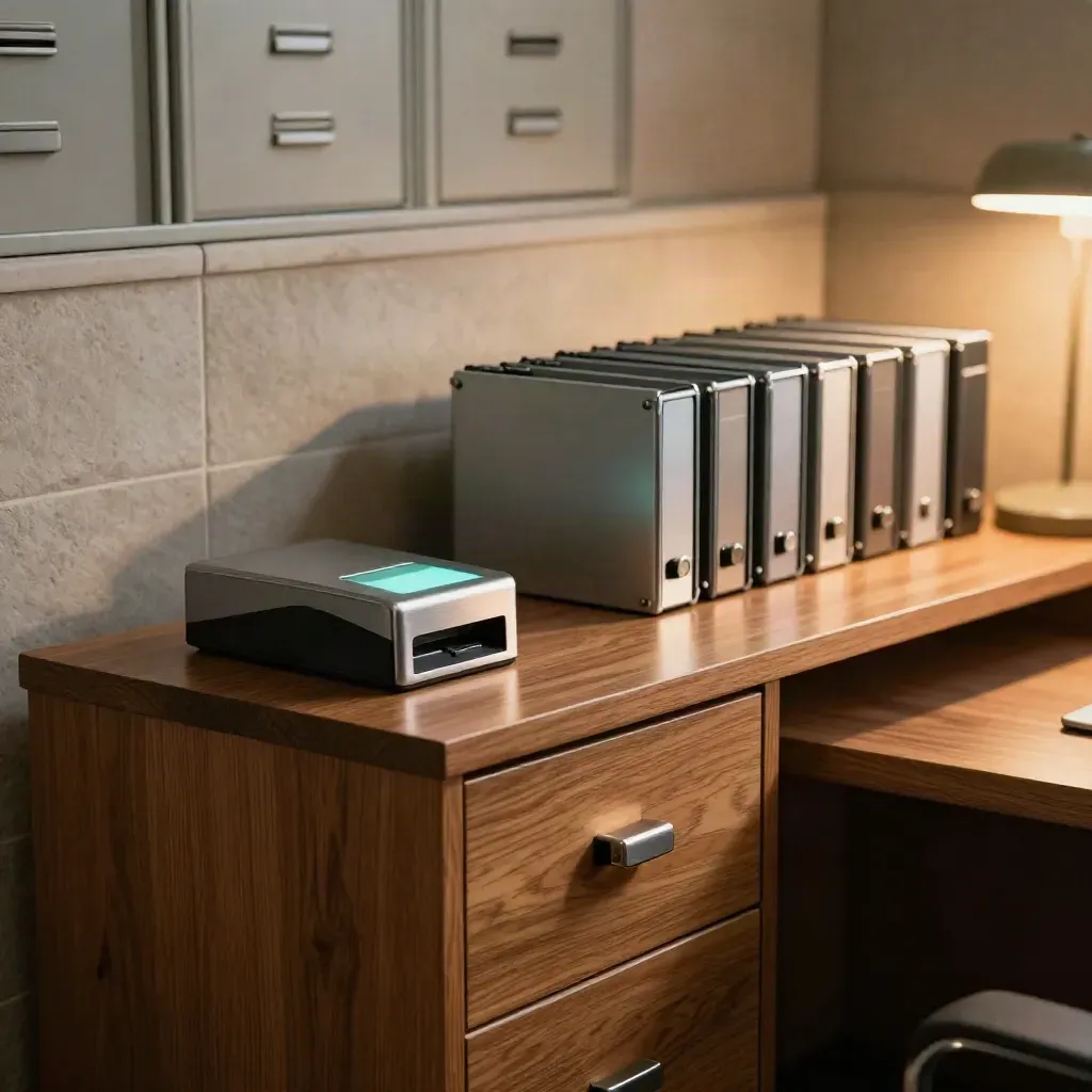 Badge reader, locked drawer and sealed drives on a secure desk in cool afternoon light.