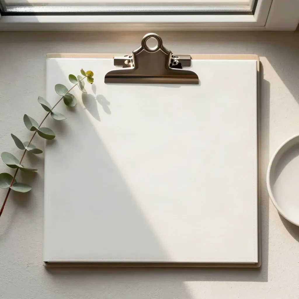 Overhead off-white privacy binder, eucalyptus sprig, and ceramic dish on pale plaster.
