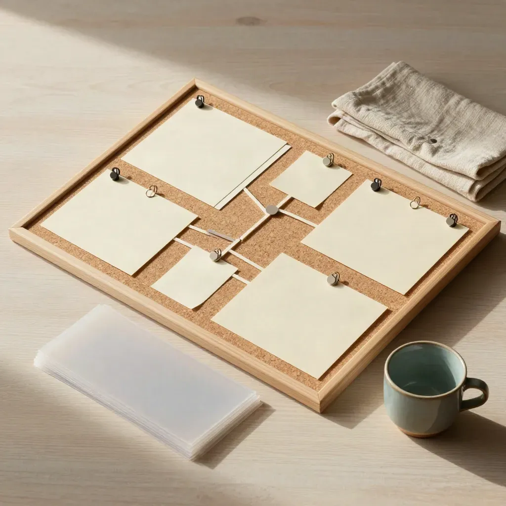 Cork board tabs, linen cloth, ceramic cup and folder dividers on pale wood, softly lit.