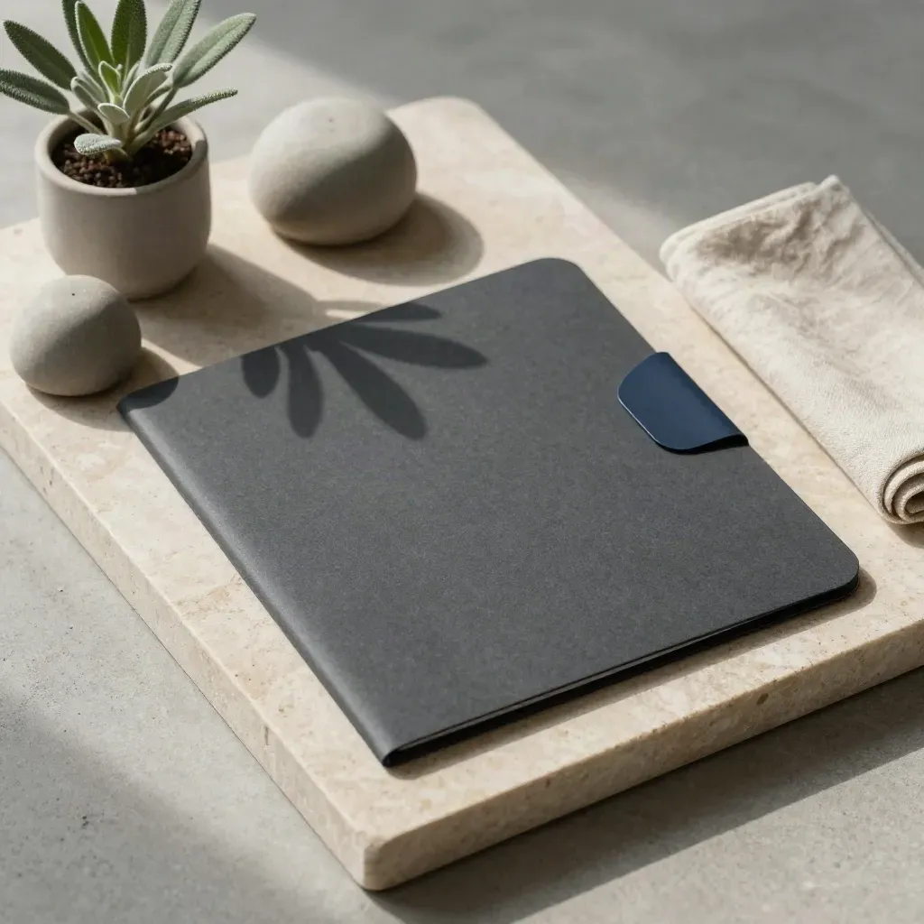 Graphite privacy folder with paperweights, small plant and cloth on a stone tray in soft daylight