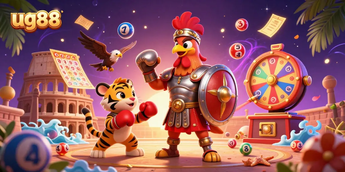 Engage with the exciting ug88 lottery experience amid vibrant characters and lively gaming elements.