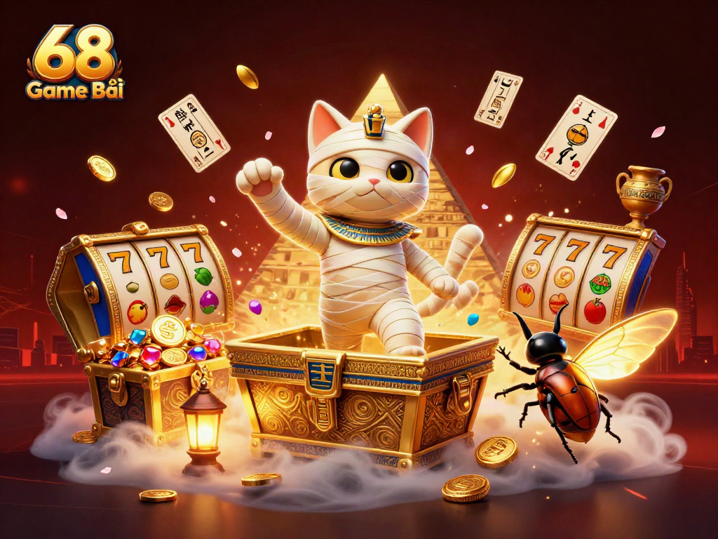 Engage with 68 Game Bài, featuring a mummy cat in a thrilling casino scene packed with vibrant action.