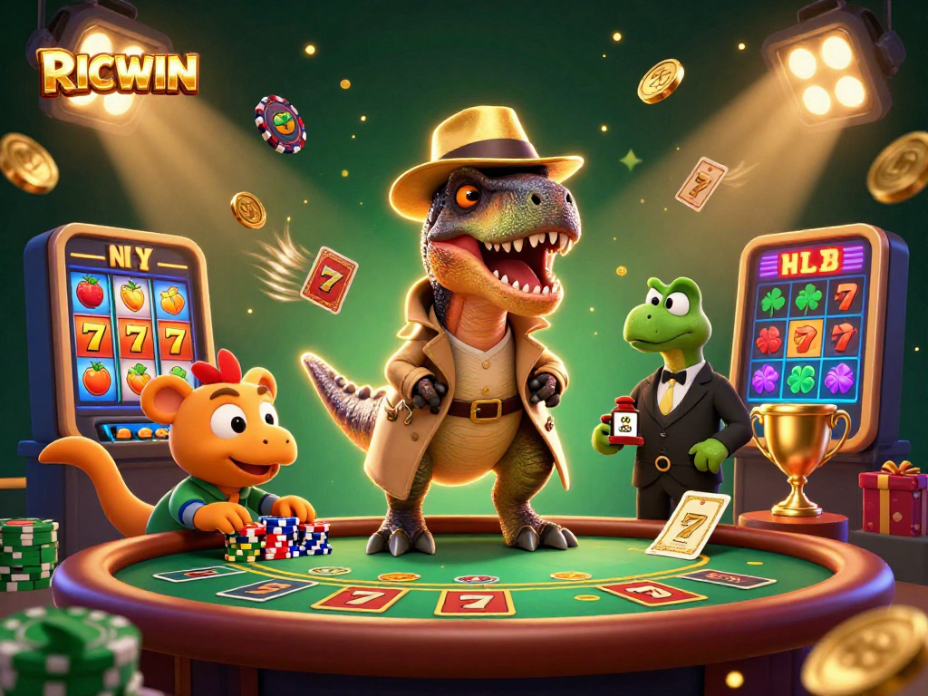 Spin to win with RICWIN in this vibrant casino scene featuring a sneaky velociraptor and friends.
