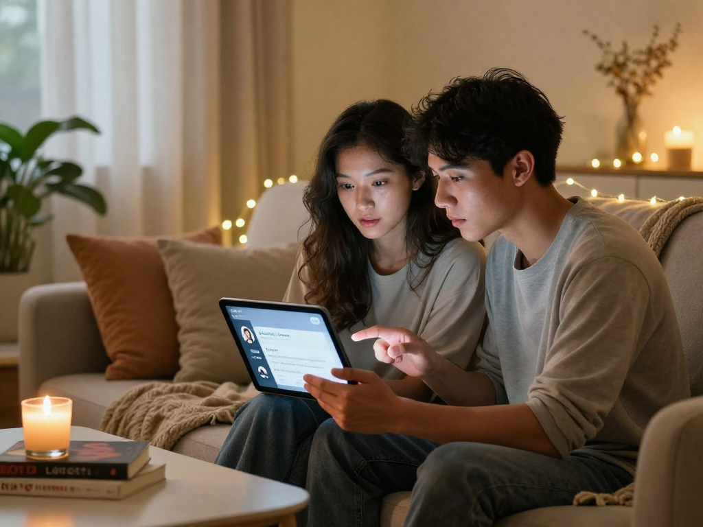 Couple exploring sex AI interactions on a tablet in cozy living room, showcasing romantic tech engagement.