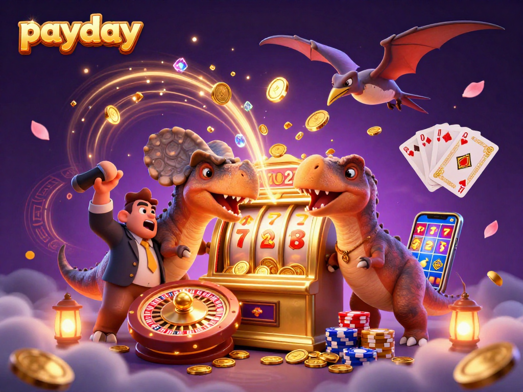 Payday loans help gamblers score winnings, illustrated with a dinosaur hitting a slot machine.