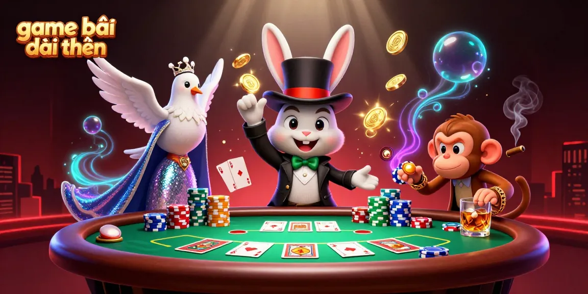 Engage in game bài đổi thưởng with a cartoon magician and playful characters at a vibrant poker scene.