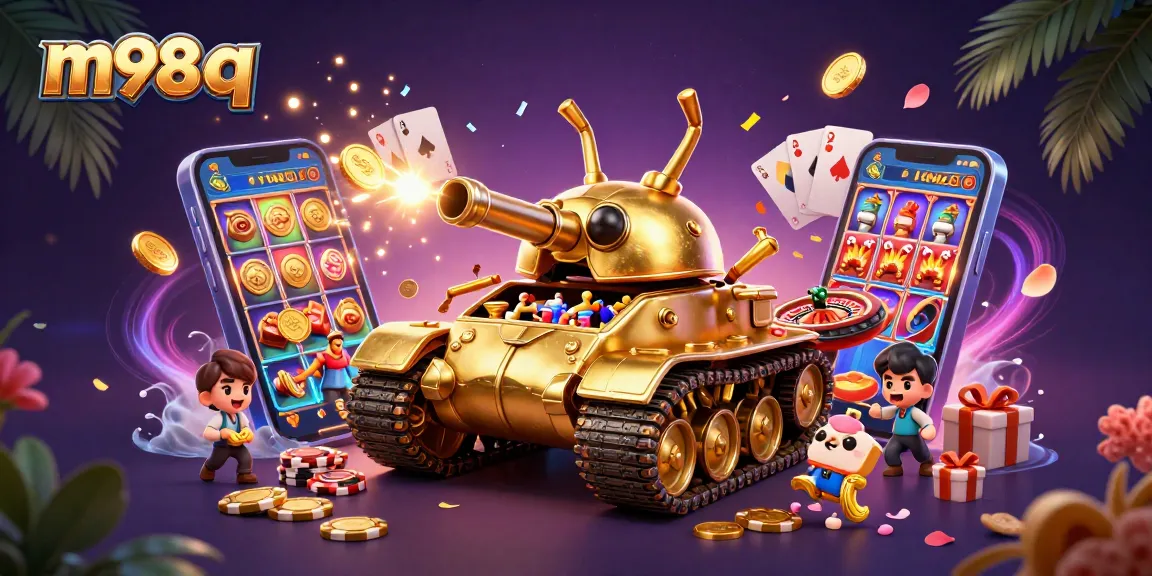 Engage with m98 q in a vibrant scene featuring a golden beetle tank and casino elements.